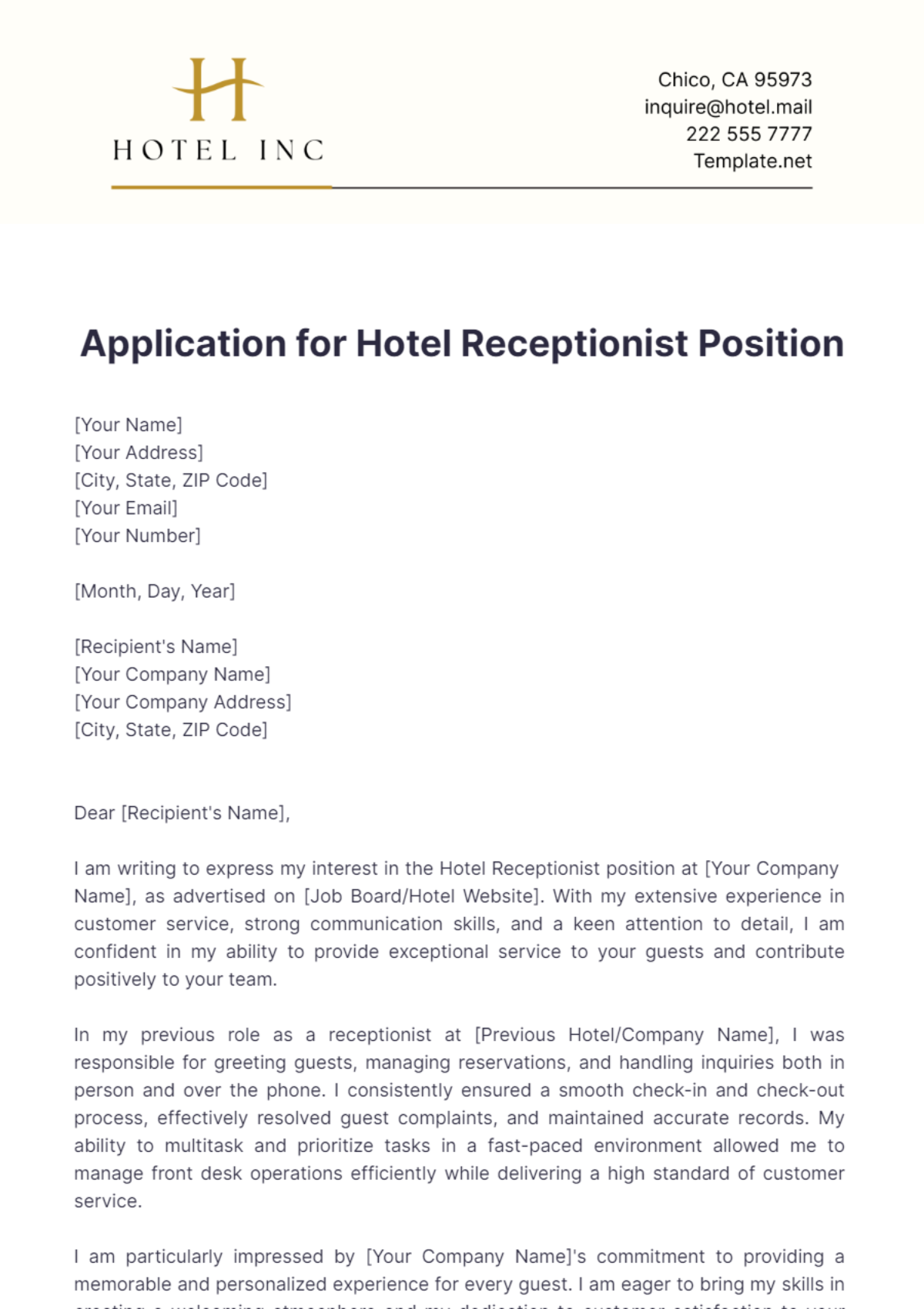 Hotel Receptionist Cover Letter Template