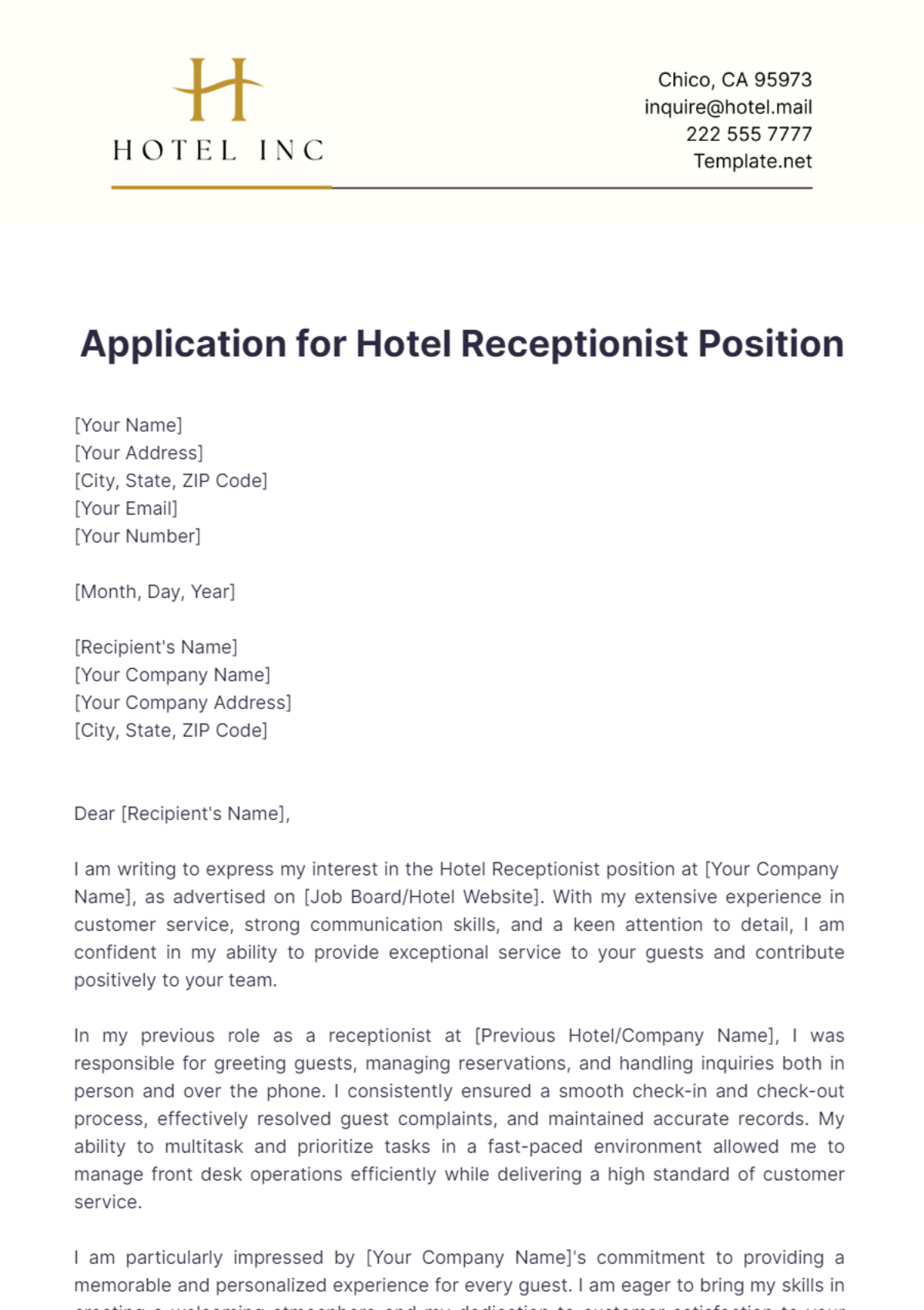 Hotel Receptionist Cover Letter Template - Edit Online & Download