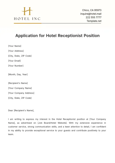 Free Hotel Receptionist Cover Letter Template to Edit Online