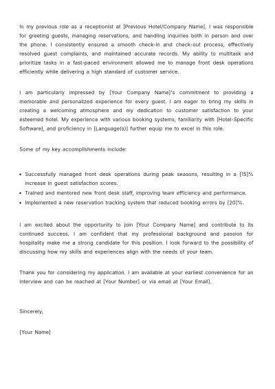 Free Hotel Receptionist Cover Letter Template to Edit Online