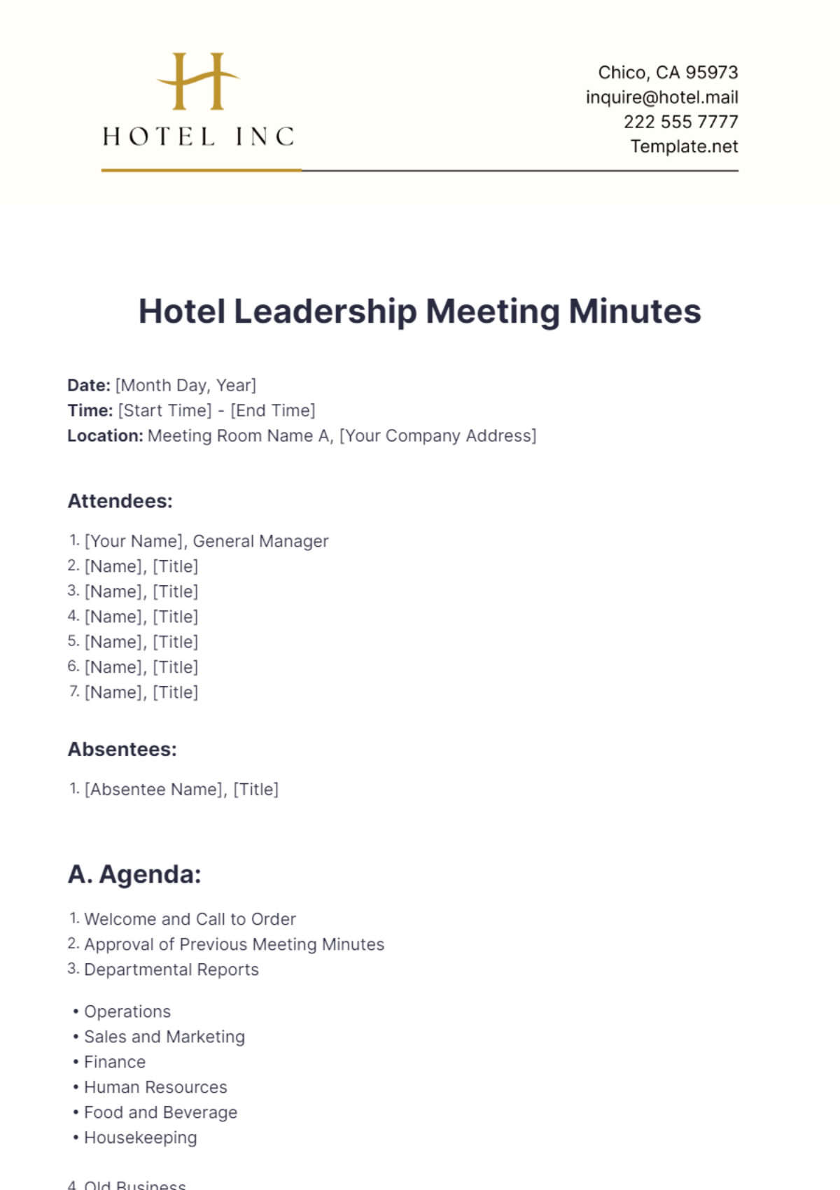 Hotel Leadership Meeting Minutes Template - Edit Online & Download