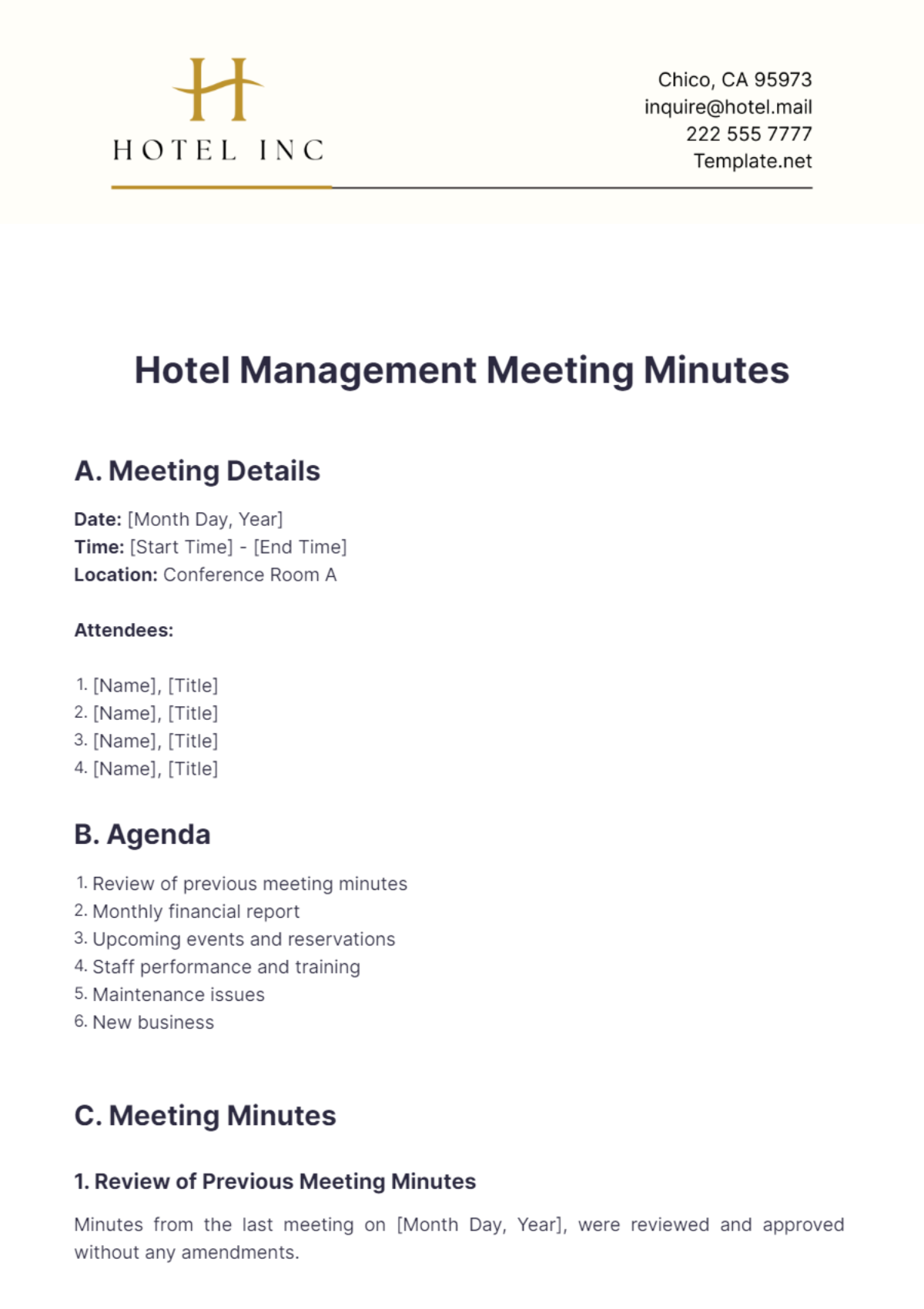 Hotel Management Meeting Minutes Template - Edit Online & Download