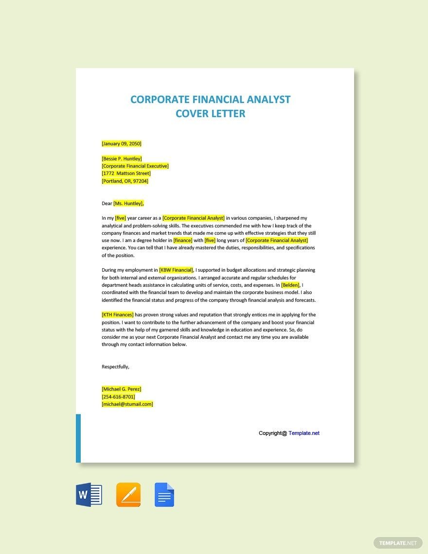 Corporate Financial Analyst Cover Letter