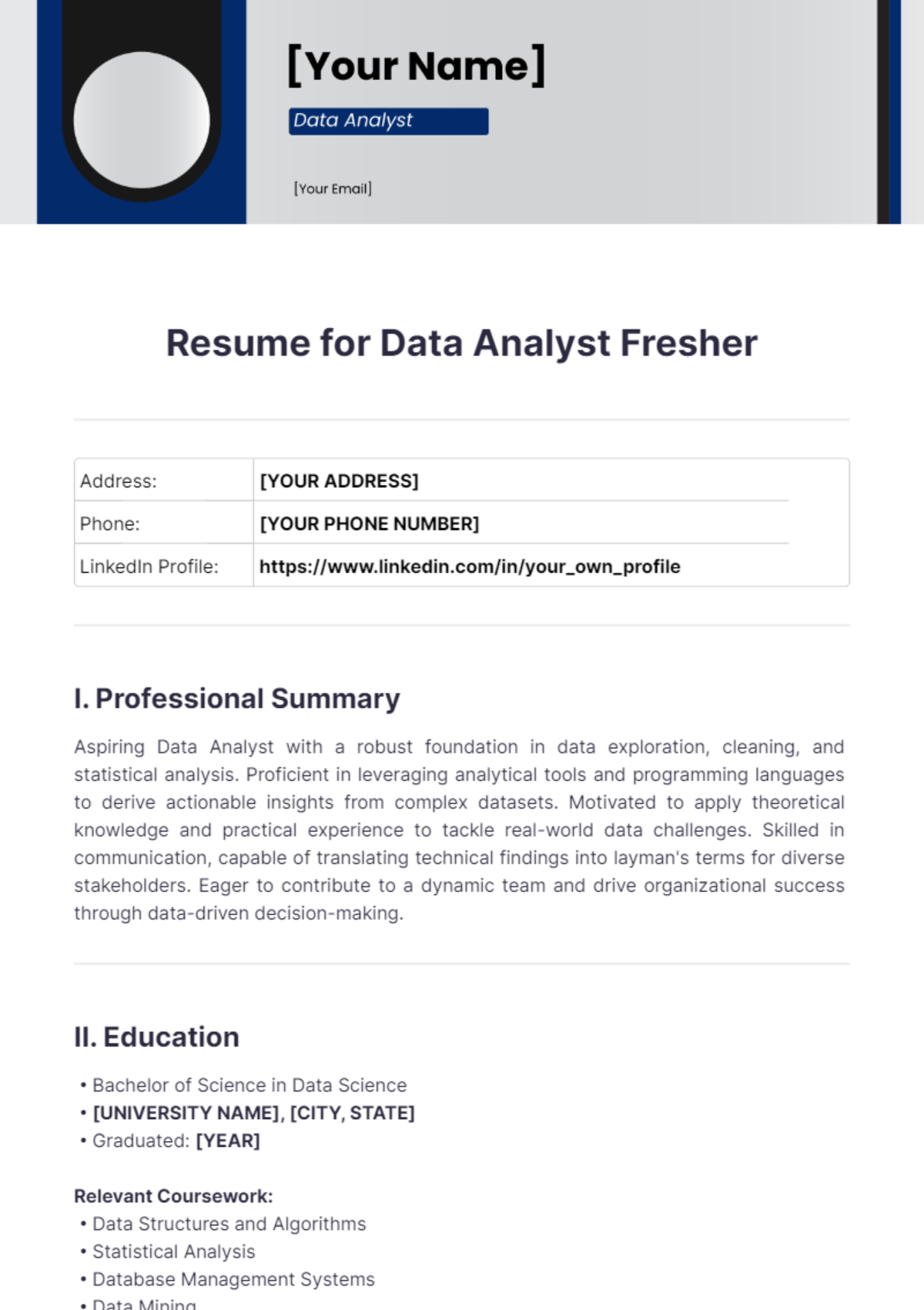 Resume for Data Analyst Fresher