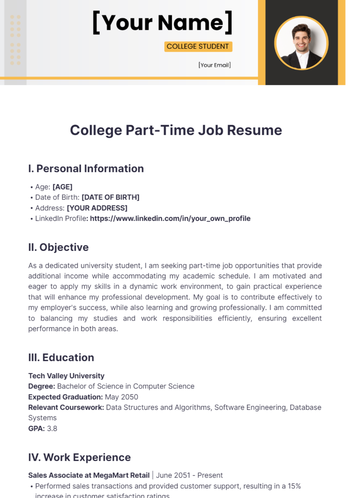 College Part-Time Job Resume - Edit Online & Download