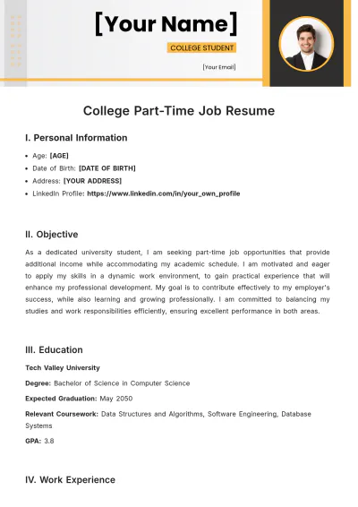 Free College Part-Time Job ATS Resume Template, AI Resume Builder