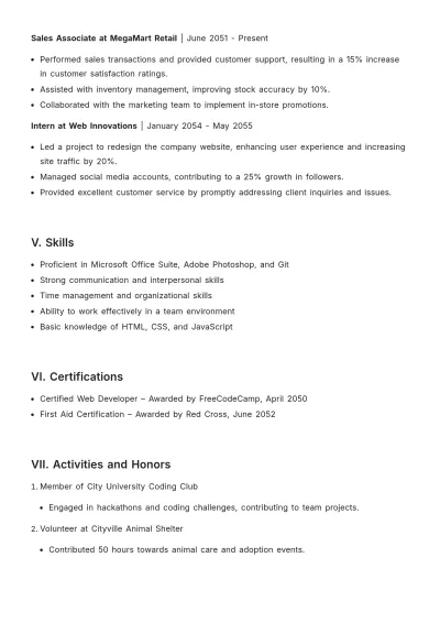 Free College Part-Time Job ATS Resume Template, AI Resume Builder