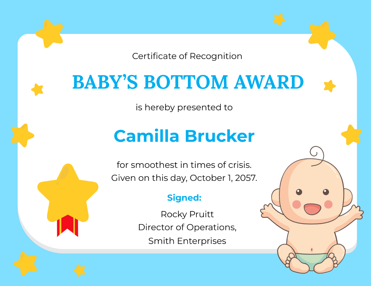 Baby's Bottom Award Certificate