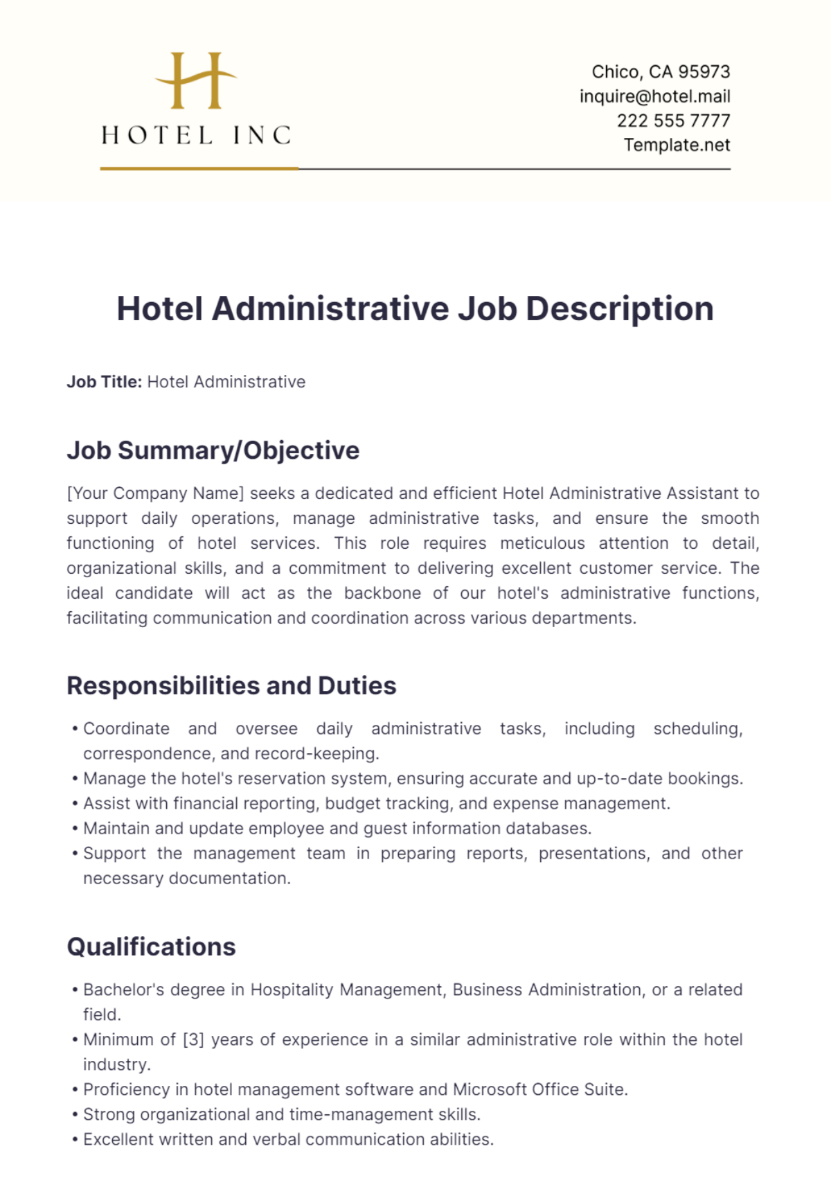 Hotel Administrative Job Description Template - Edit Online & Download