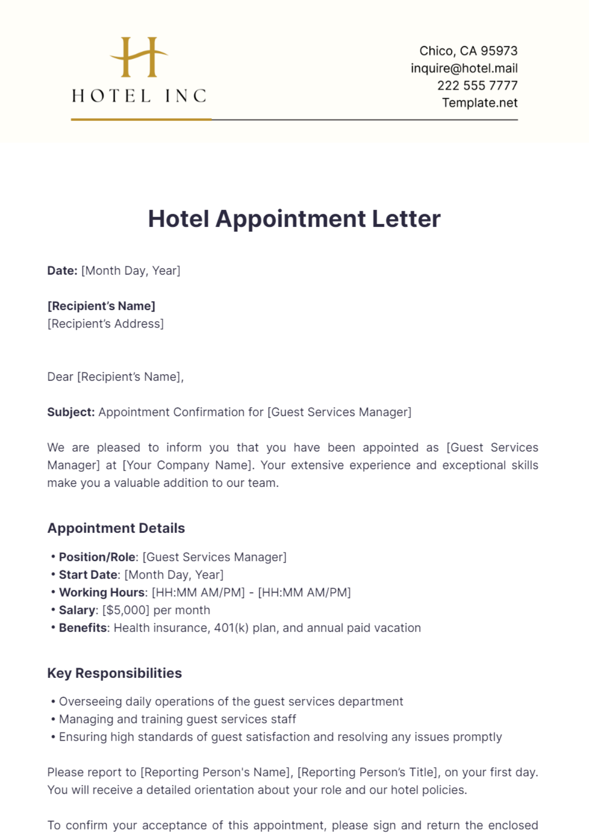 Hotel Appointment Letter Template - Edit Online & Download