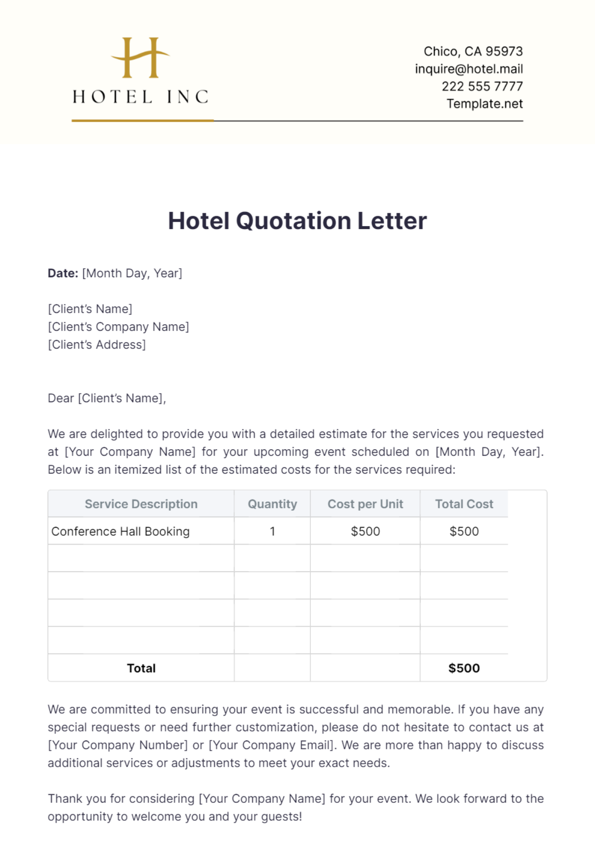 Hotel Quotation Letter Template - Edit Online & Download