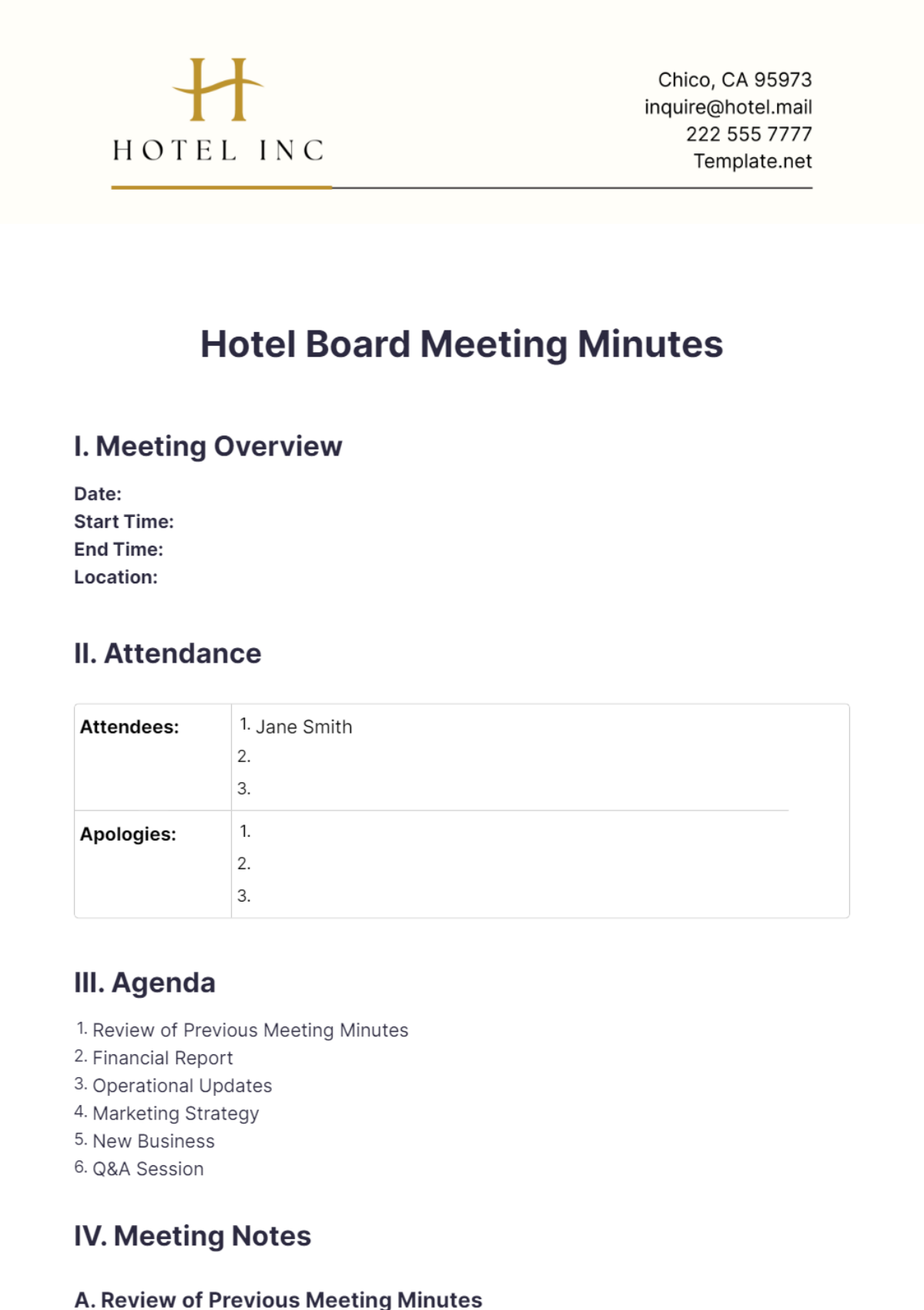 Hotel Board Meeting Minutes Template - Edit Online & Download