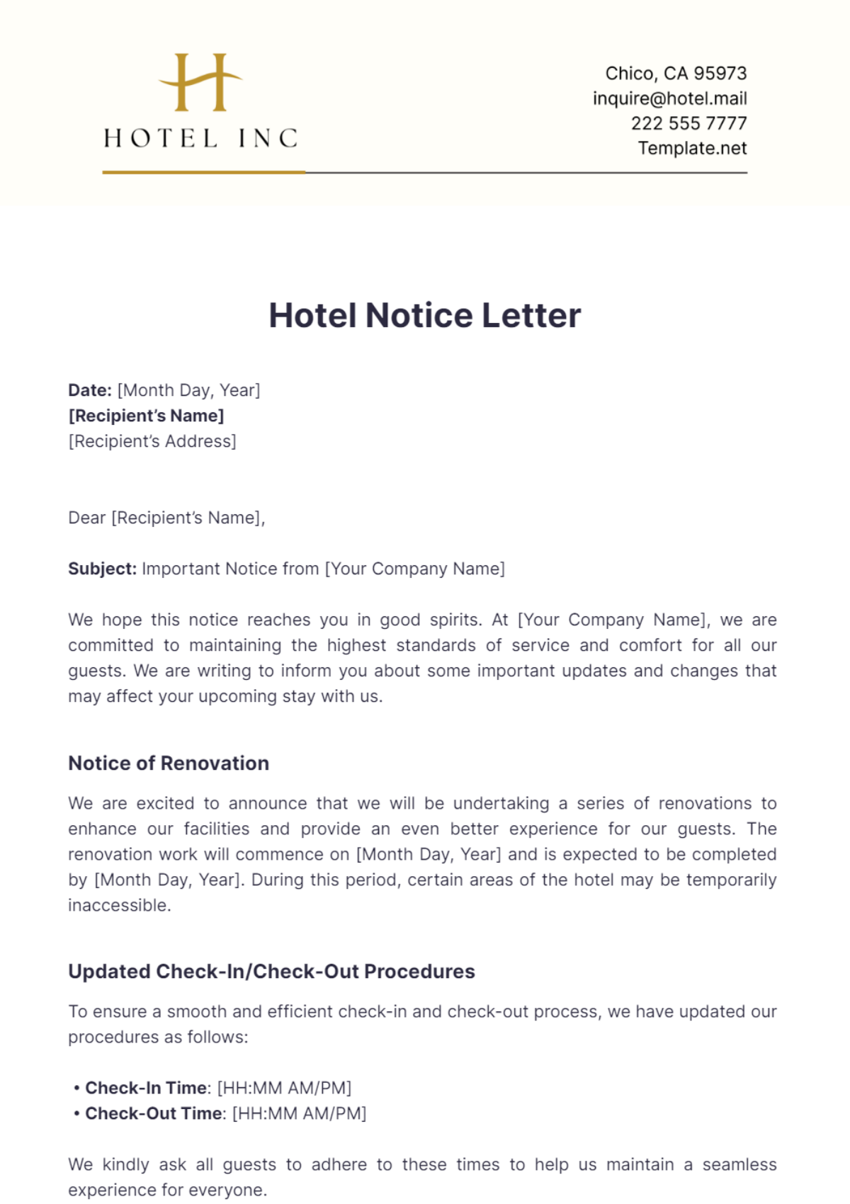 Hotel Notice Letter Template - Edit Online & Download