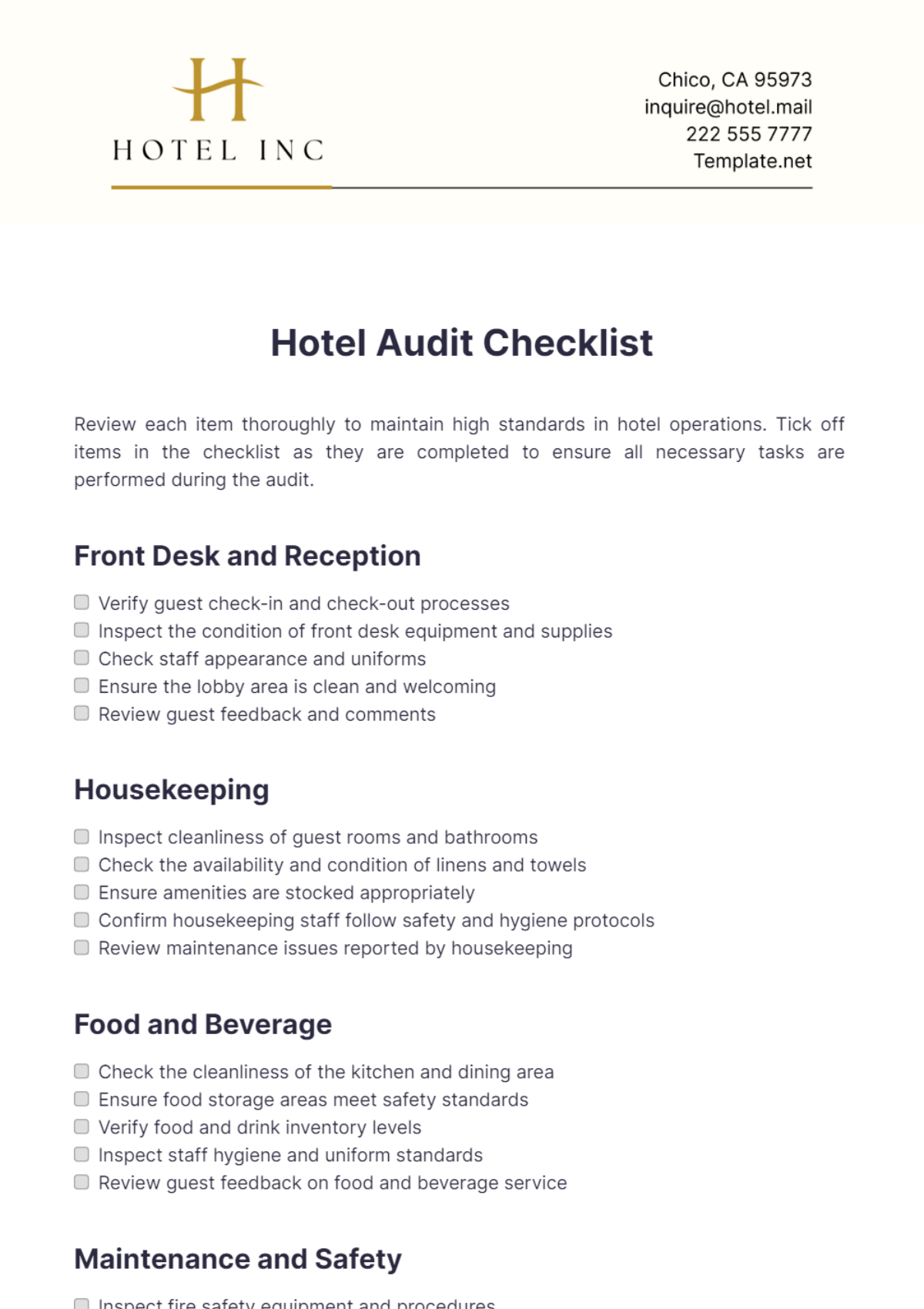 Hotel Audit Checklist Template - Edit Online & Download