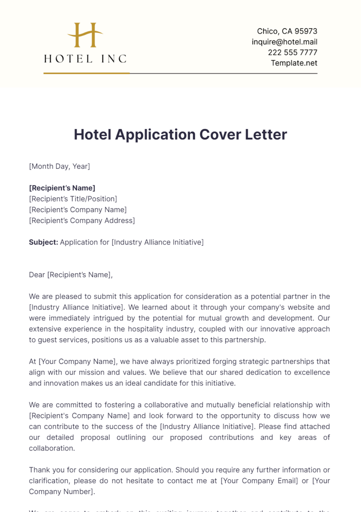 Hotel Application Cover Letter Template - Edit Online & Download