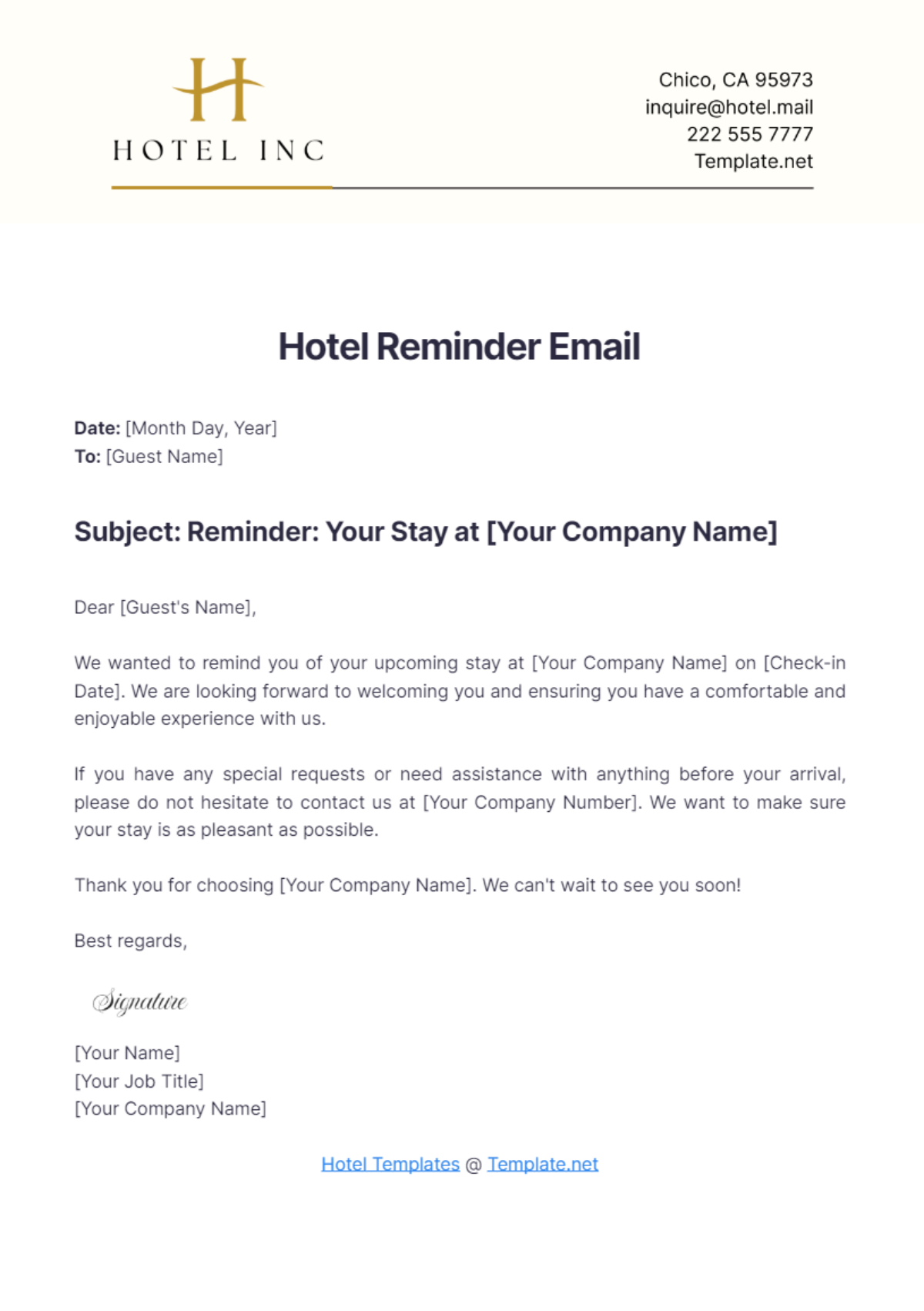 Hotel Reminder Email Template - Edit Online & Download