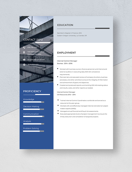 Internal Control Manager Resume Template