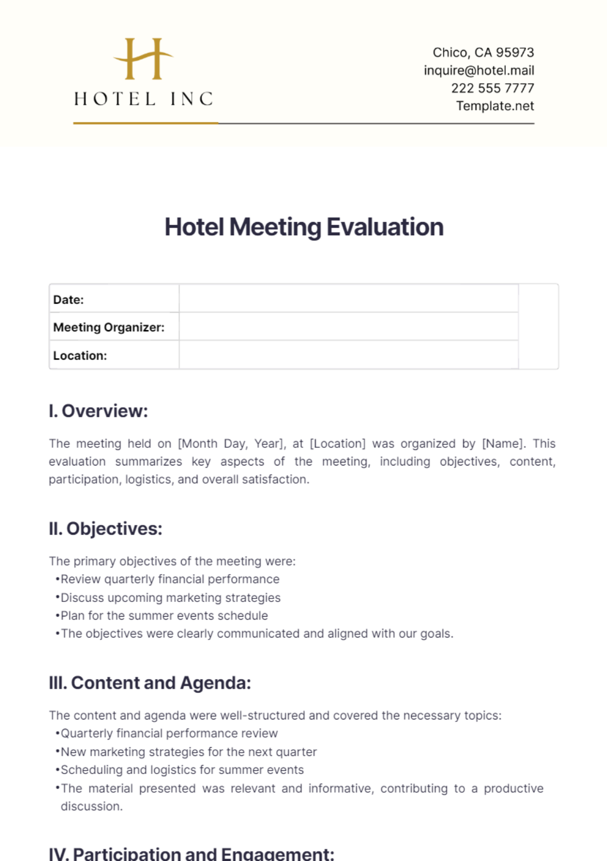 Hotel Meeting Evaluation Template - Edit Online & Download