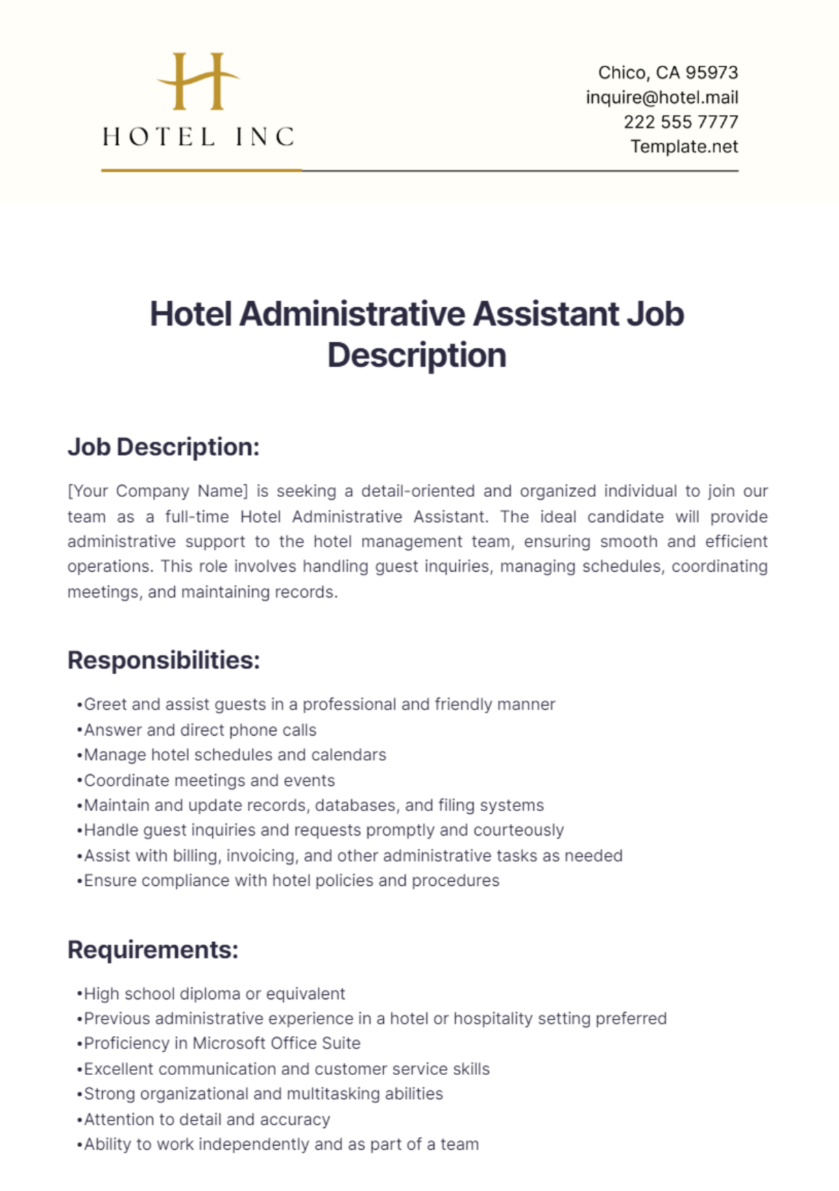 Hotel Administrative Assistant Job Description Template - Edit Online & Download