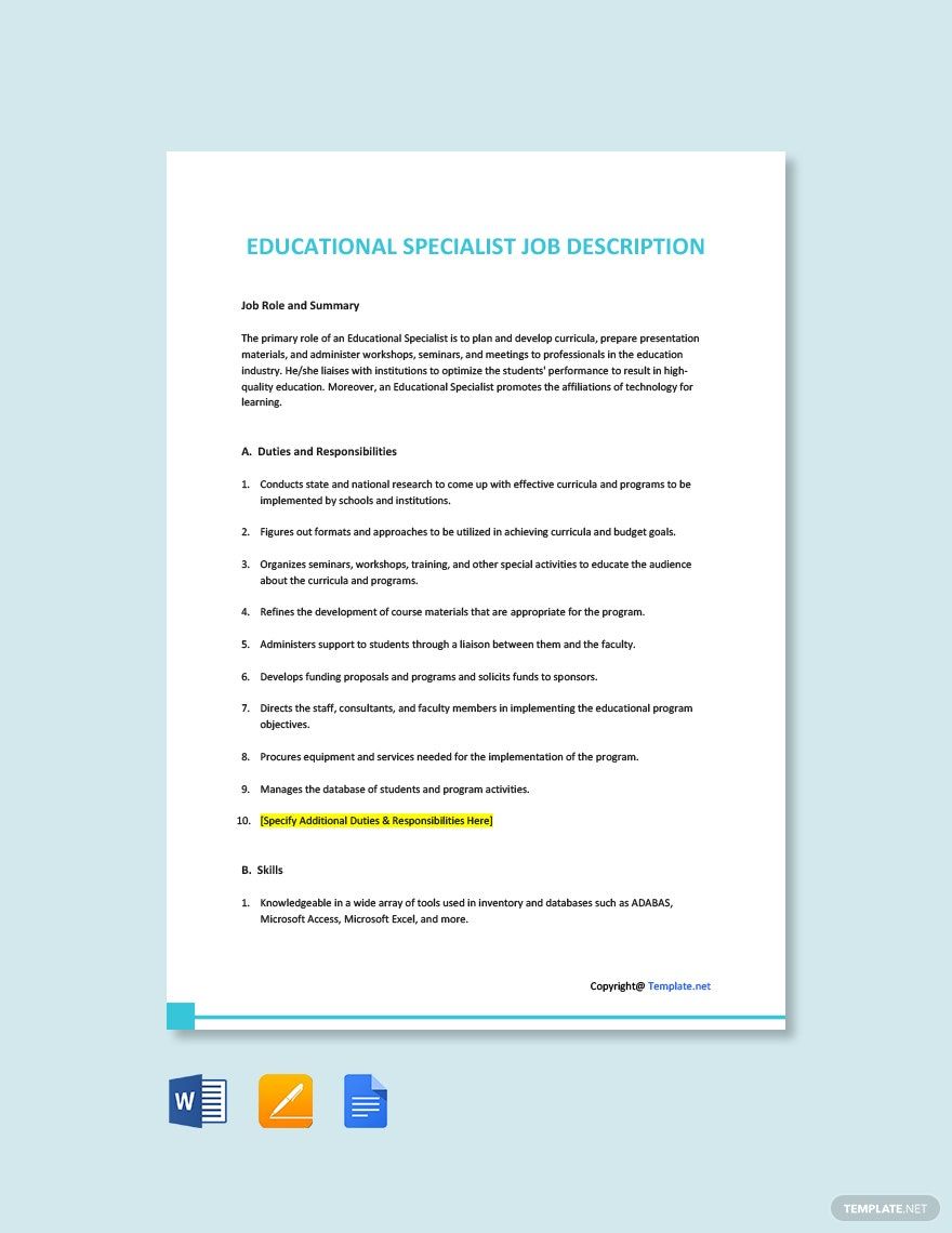 Specialist Job Description Templates 76+ Docs, Free Downloads