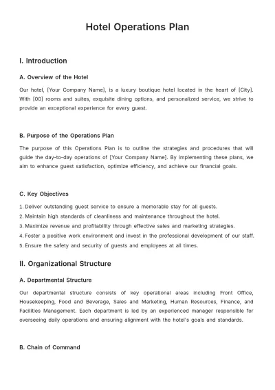 Free Hotel Operations Plan Template to Edit Online