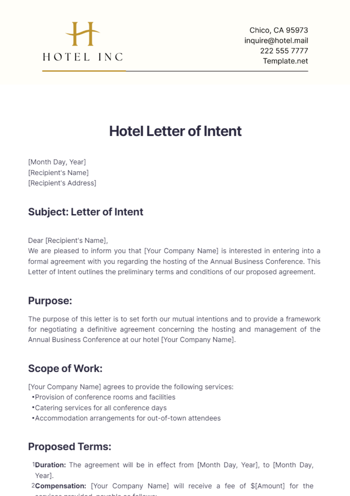 Hotel Letter of Intent Template - Edit Online & Download