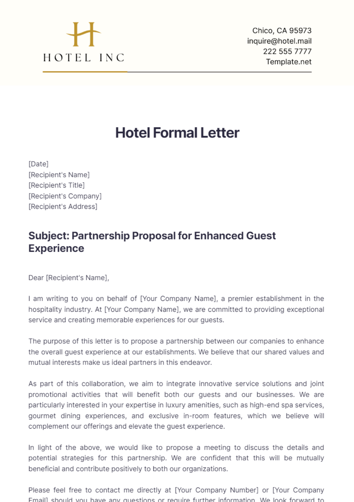 Hotel Formal Letter Template - Edit Online & Download