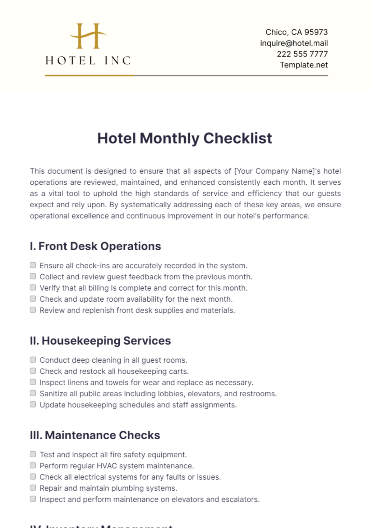 Hotel Monthly Checklist Template - Edit Online & Download