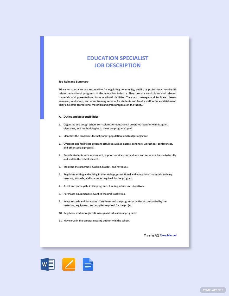 Specialist Job Description Templates 76+ Docs, Free Downloads