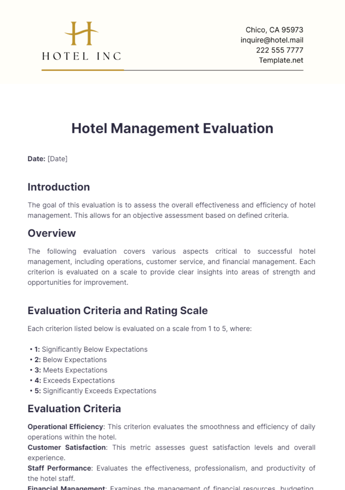 Hotel Management Evaluation Template - Edit Online & Download