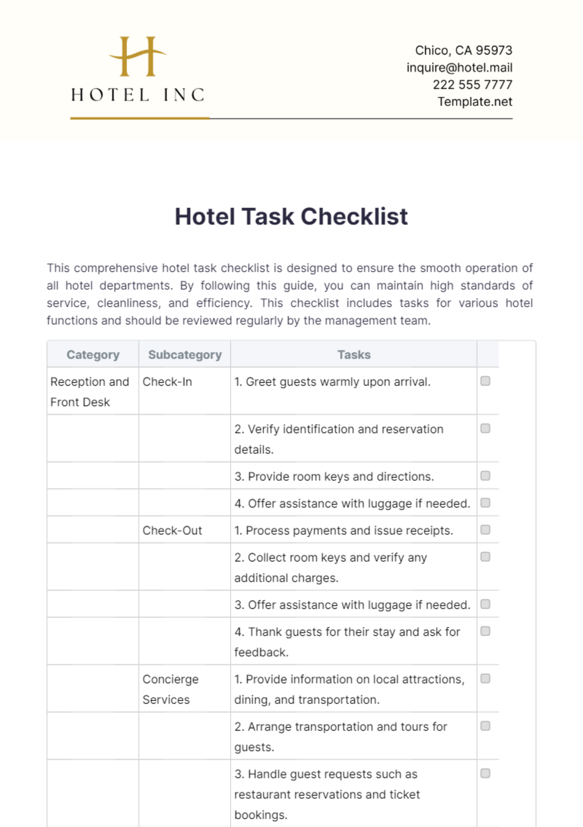 Free Hotel Front Desk Checklist Template - Edit Online & Download ...