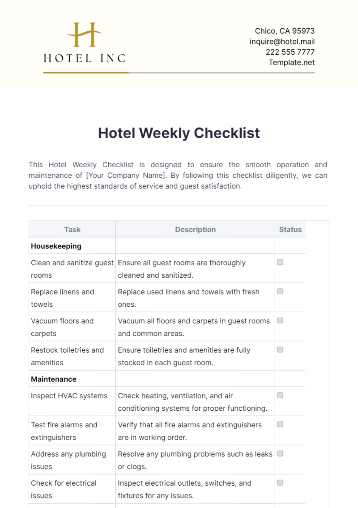 Hotel Weekly Checklist Template - Edit Online & Download