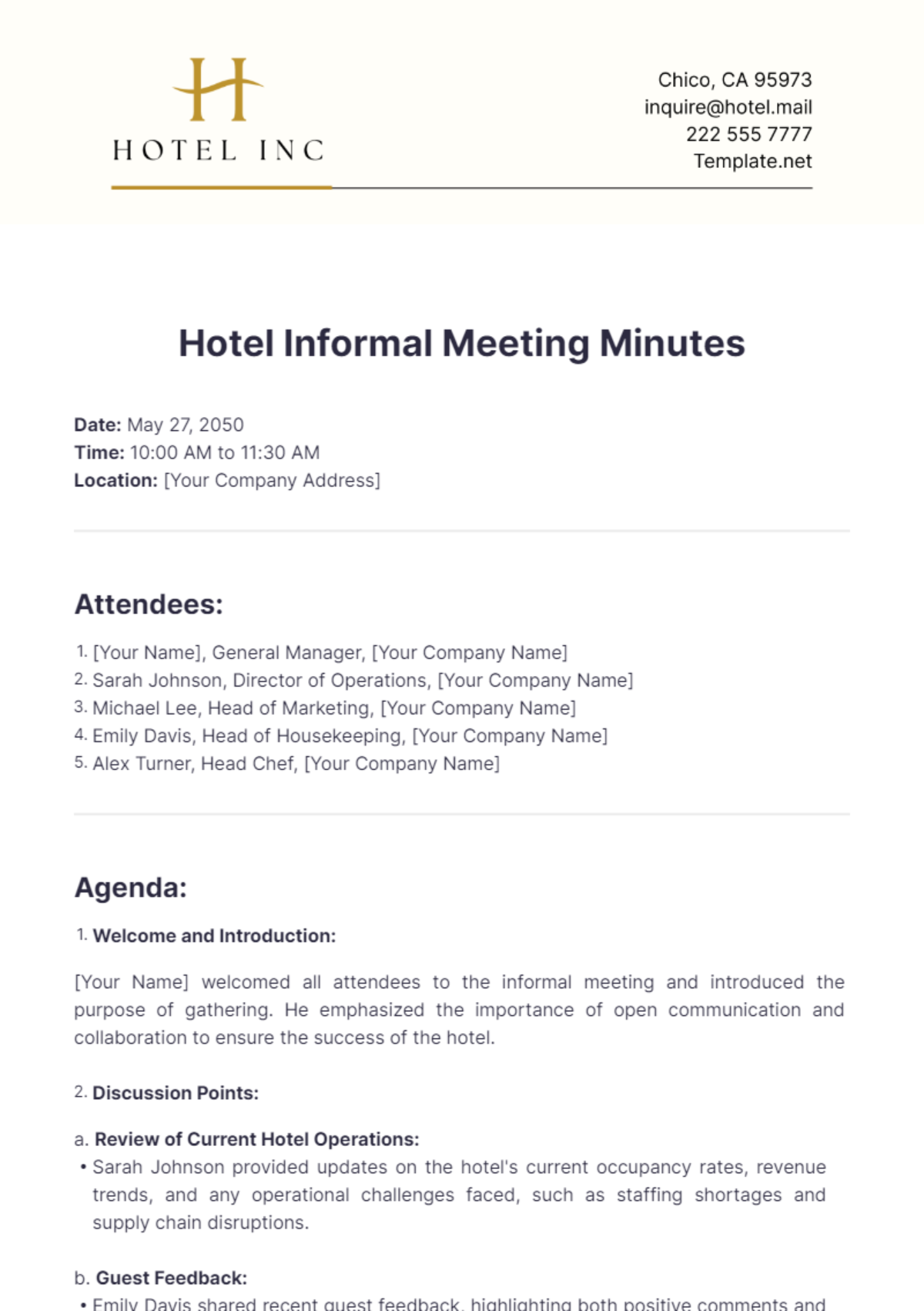 Hotel Informal Meeting Minutes Template - Edit Online & Download