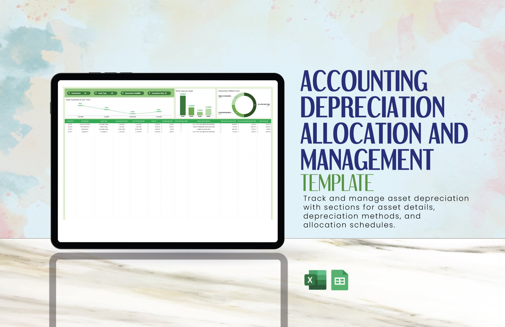 Accounting Depreciation Allocation and Management Template in Excel, Google Sheets