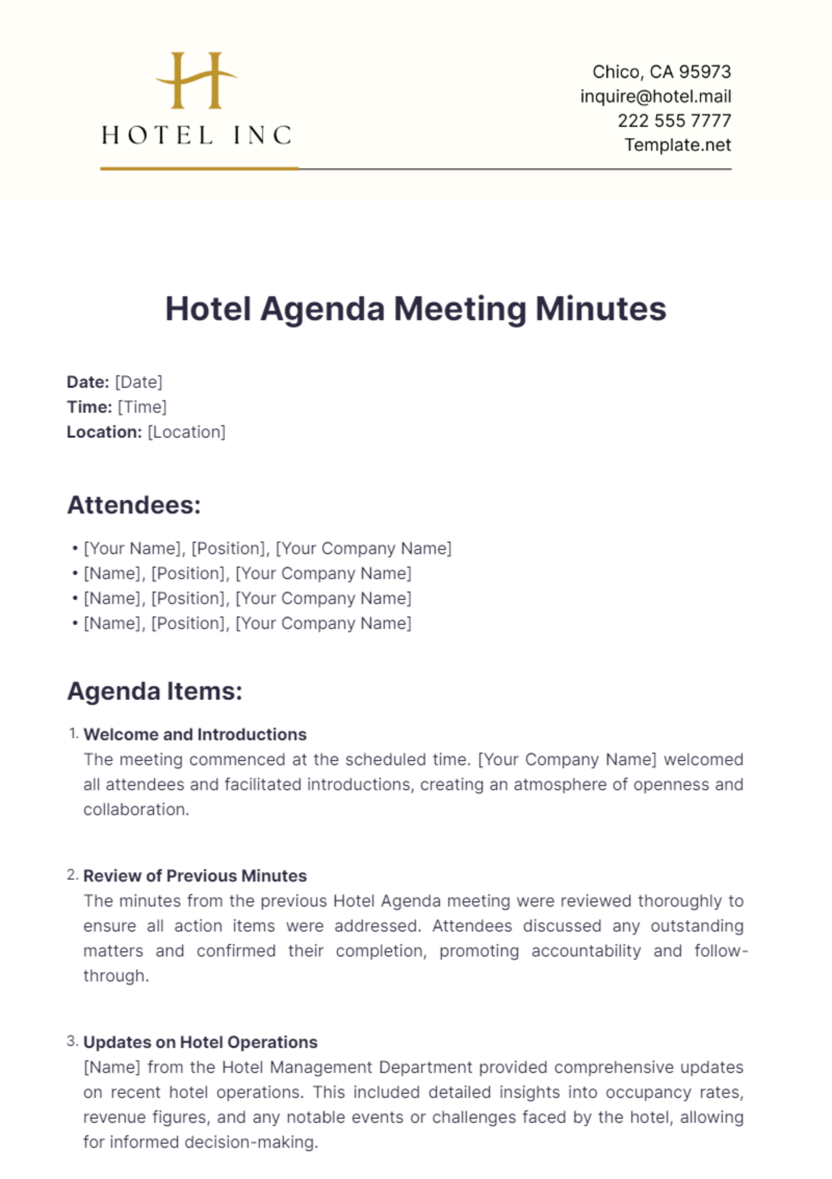 Hotel Agenda Meeting Minutes Template - Edit Online & Download