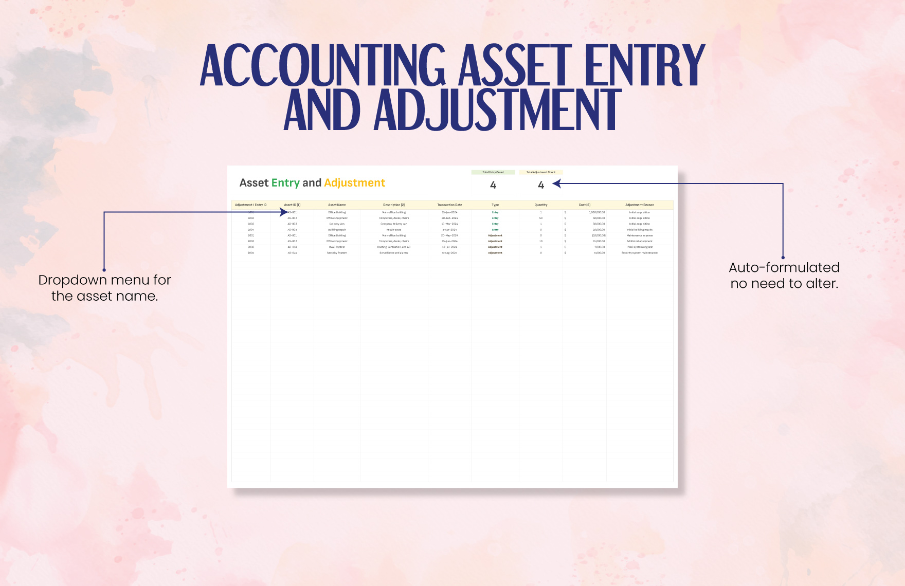 Accounting Asset Entry and Adjustment Template