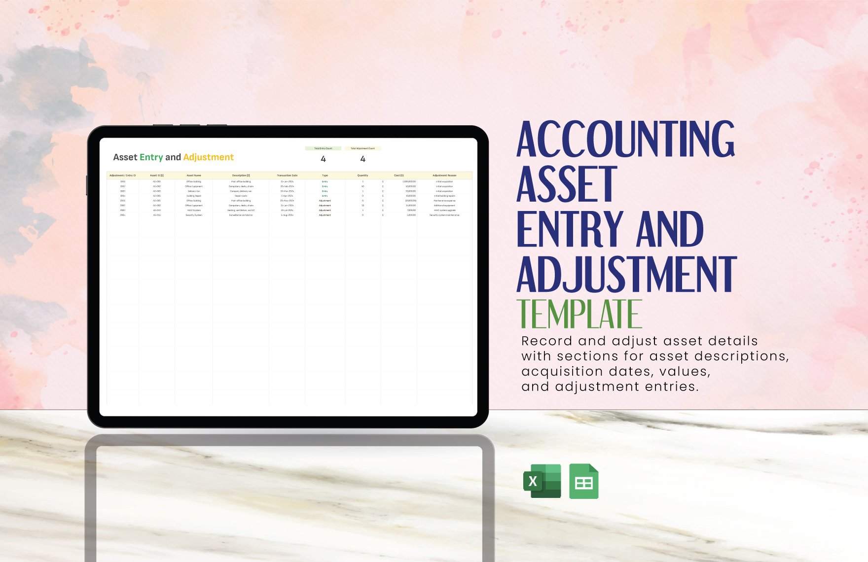 Accounting Asset Entry and Adjustment Template in Excel, Google Sheets