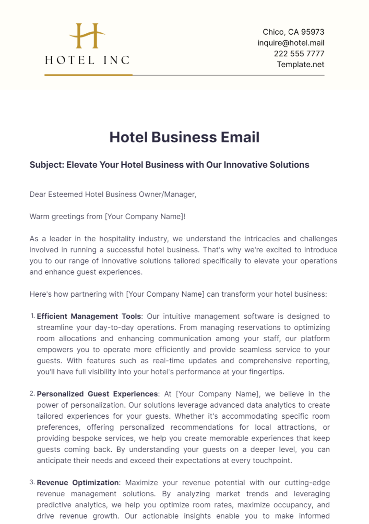 Hotel Business Email Template - Edit Online & Download