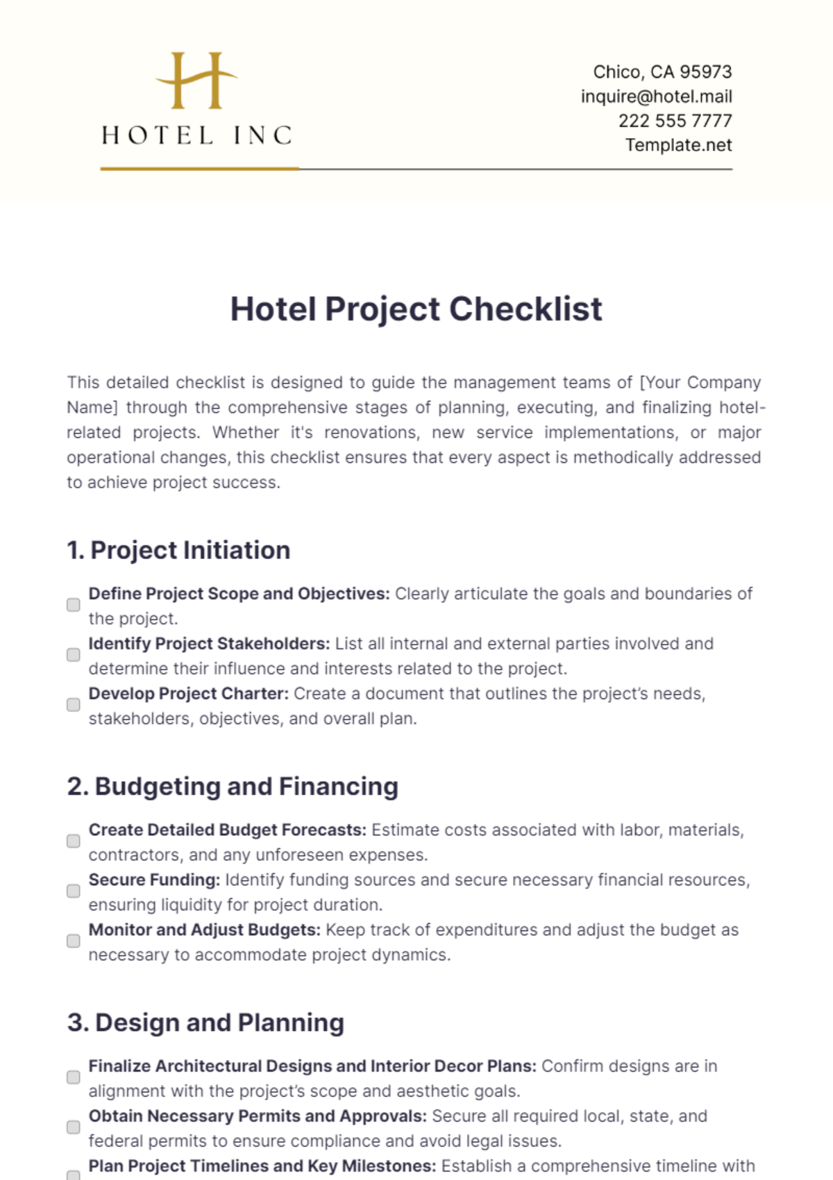 Hotel Project Checklist Template - Edit Online & Download