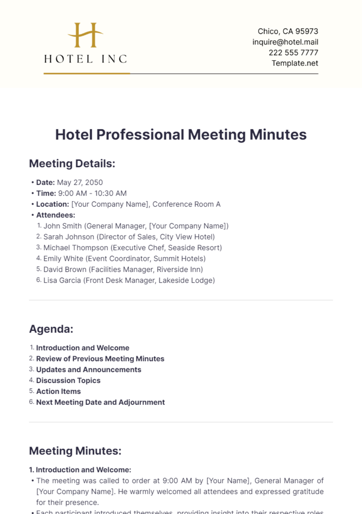 Hotel Professional Meeting Minutes Template - Edit Online & Download