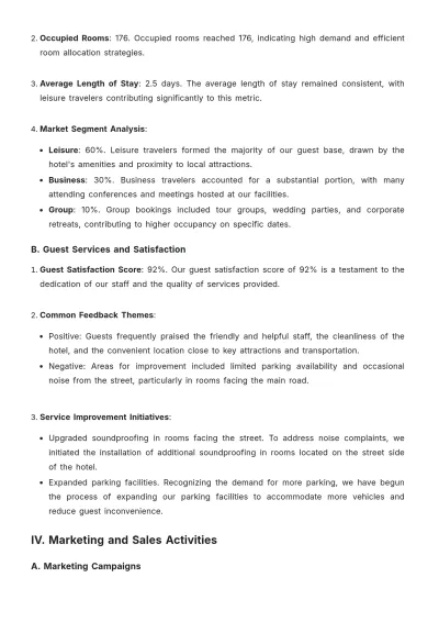 Free Hotel Monthly Report Template to Edit Online