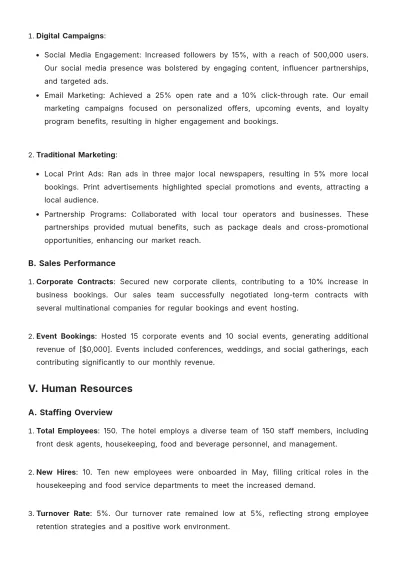 Free Hotel Monthly Report Template to Edit Online