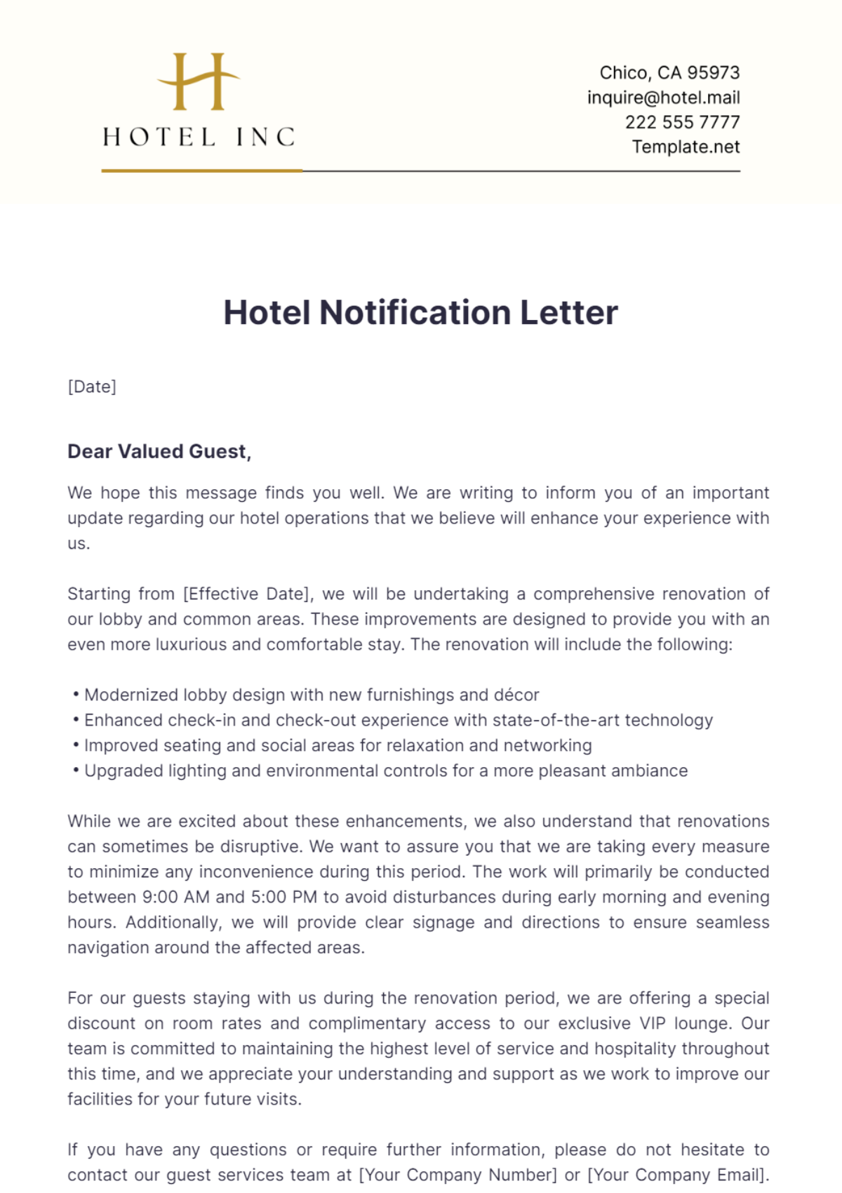 Hotel Notification Letter Template - Edit Online & Download