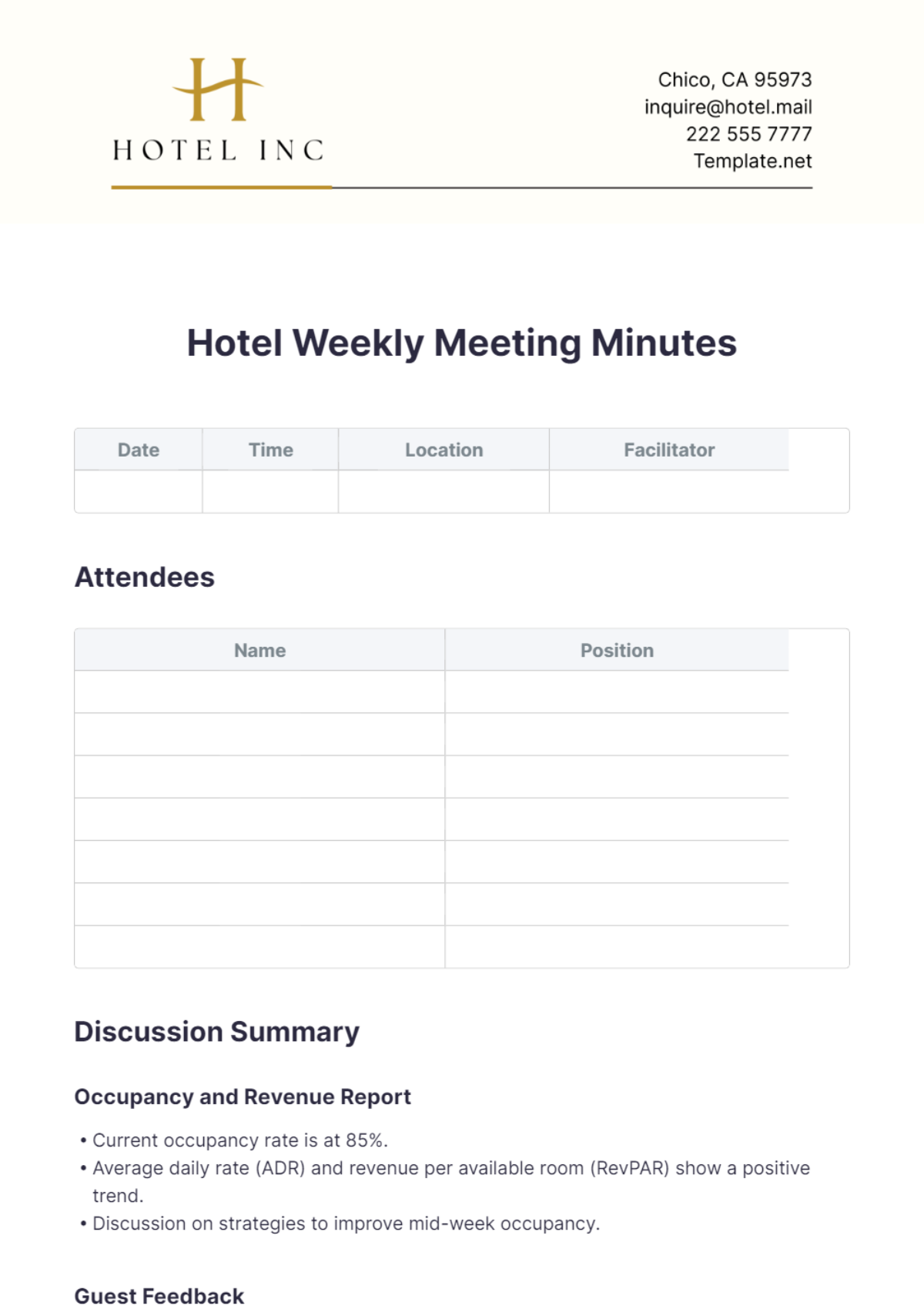 Hotel Weekly Meeting Minutes Template - Edit Online & Download