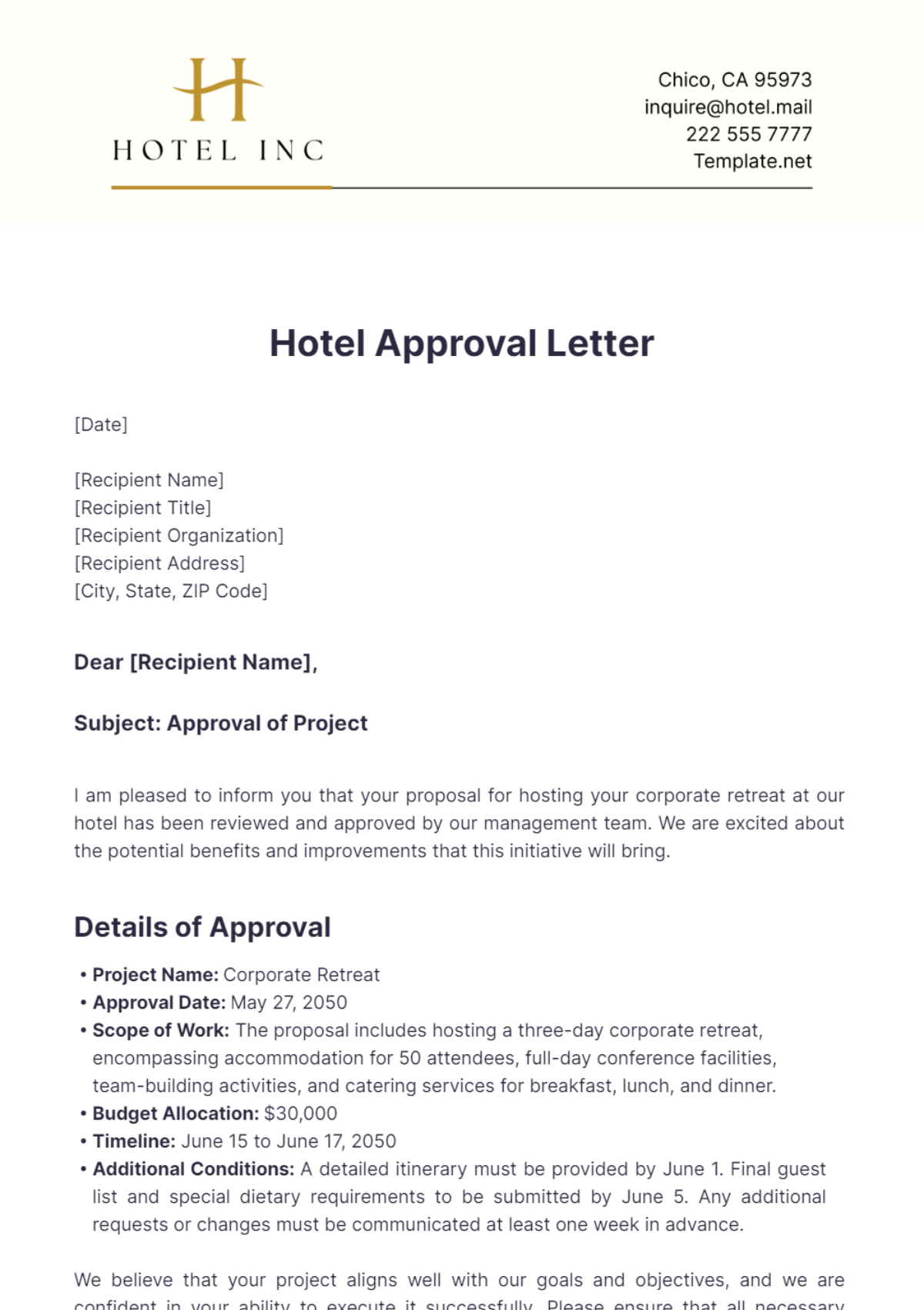 Hotel Approval Letter Template - Edit Online & Download