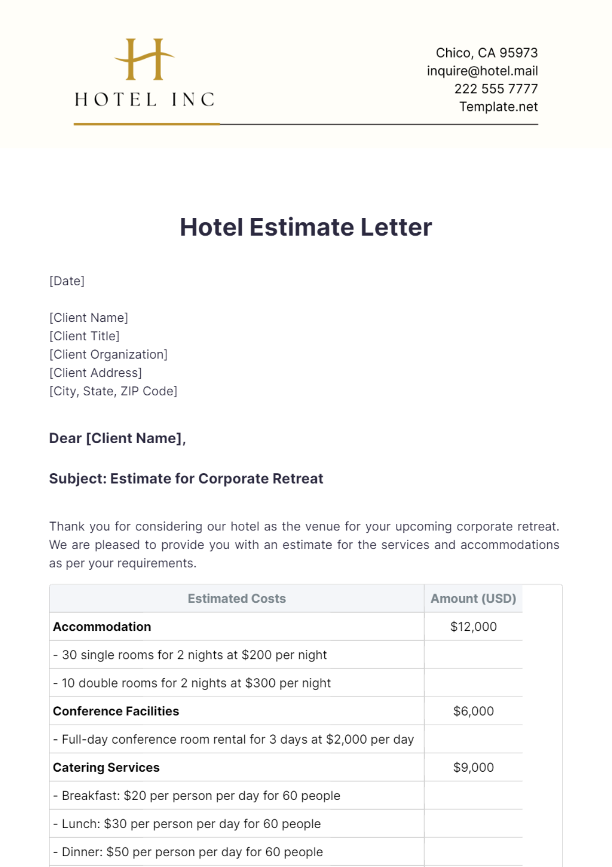 Hotel Estimate Letter Template - Edit Online & Download