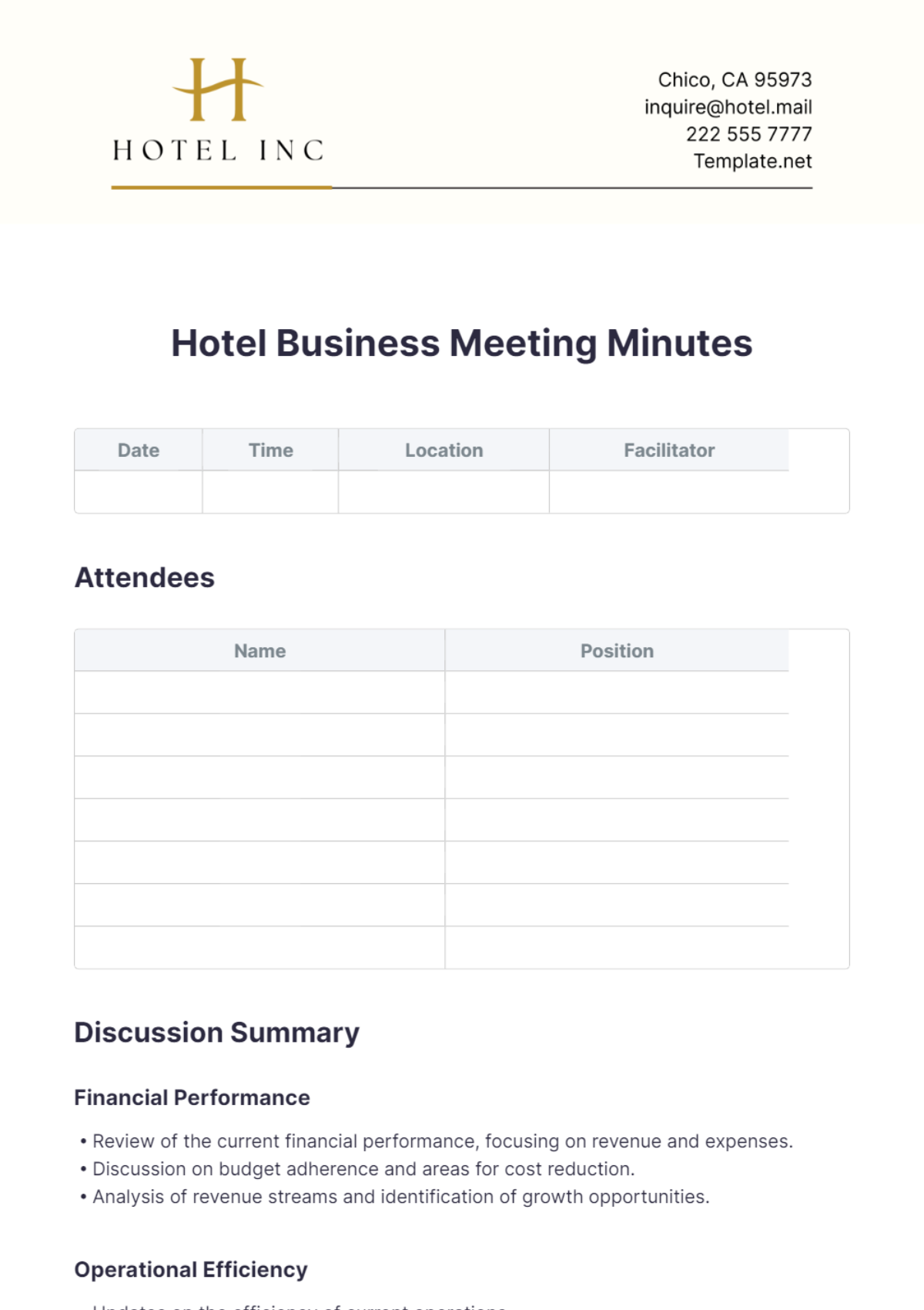 Hotel Business Meeting Minutes Template - Edit Online & Download