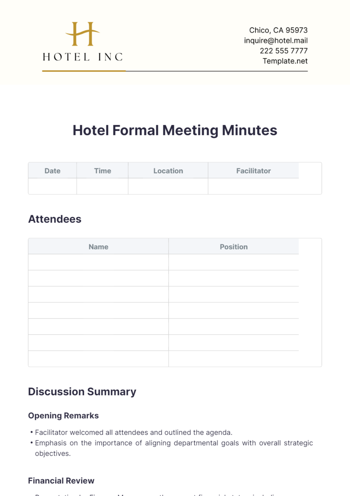 Hotel Formal Meeting Minutes Template - Edit Online & Download