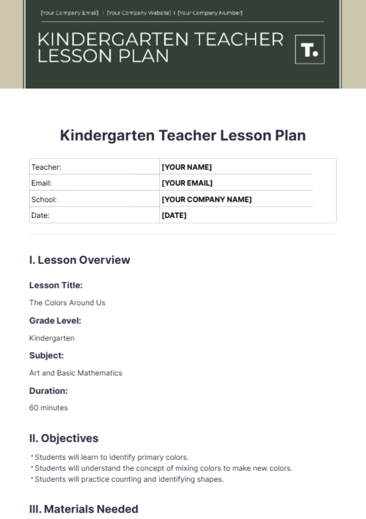 Free Kindergarten Teacher Lesson Plan Template