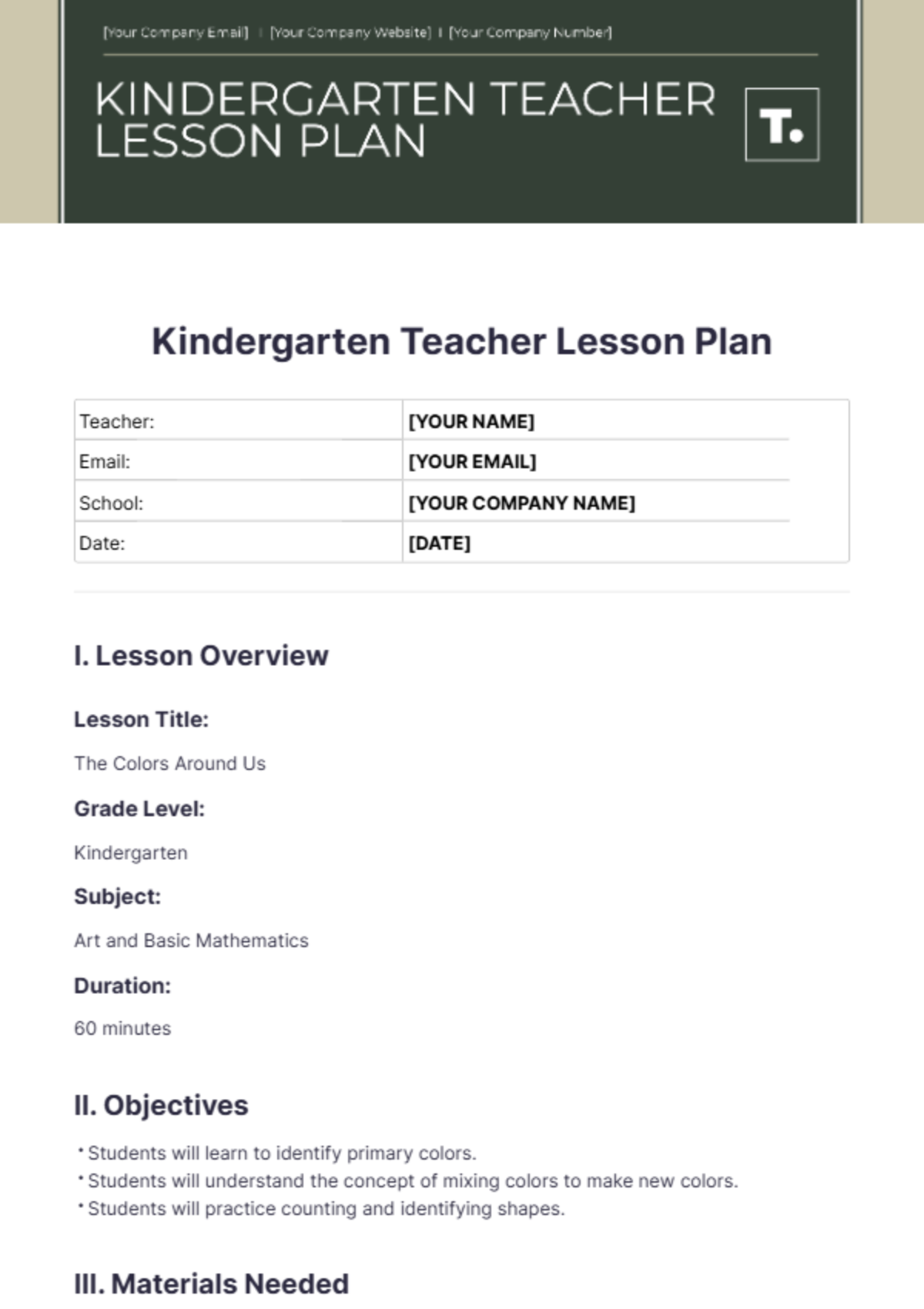 Kindergarten Teacher Lesson Plan Template - Edit Online & Download